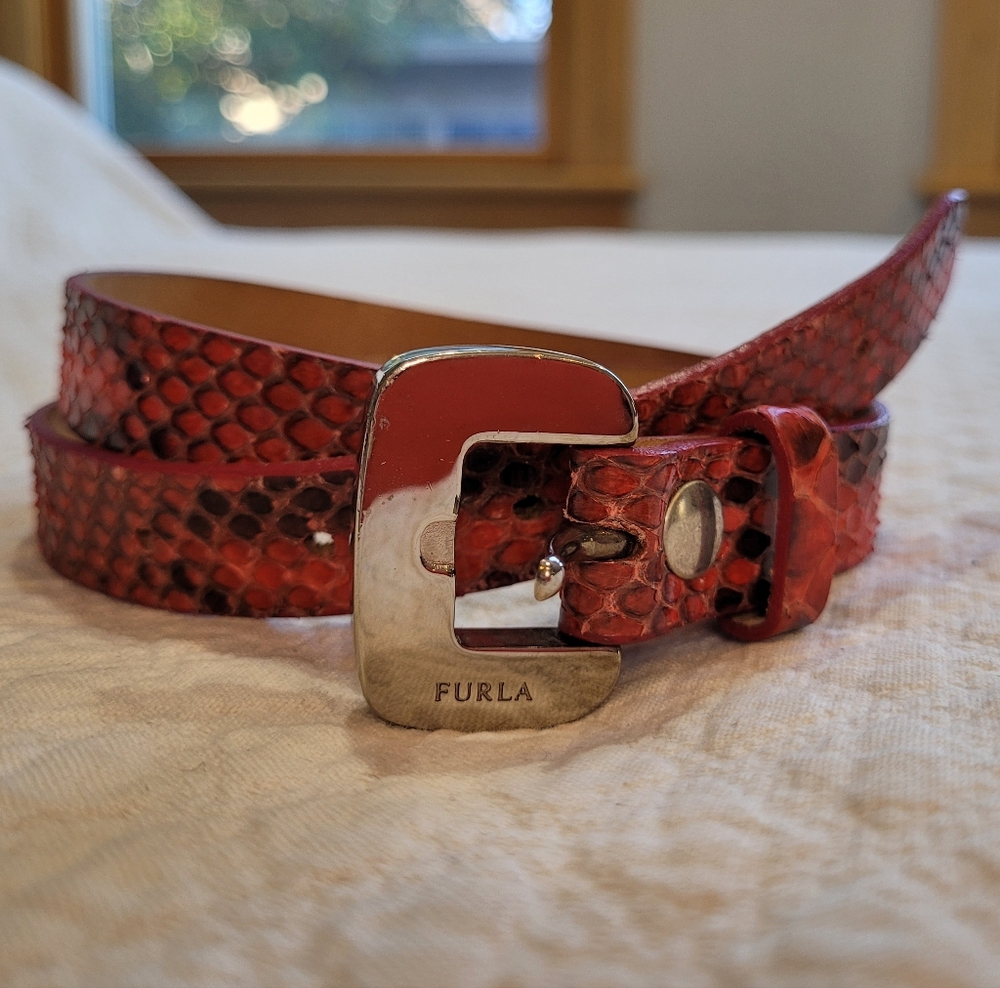 Furla Belt Genuine Python Red Snake Skin Silver Hardware Size Large 25" - 31"